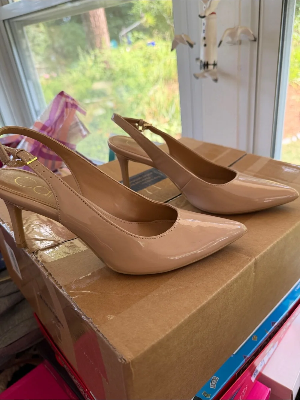 Calvin Klein Beige Patent Pointed-Toe Slingback Heels